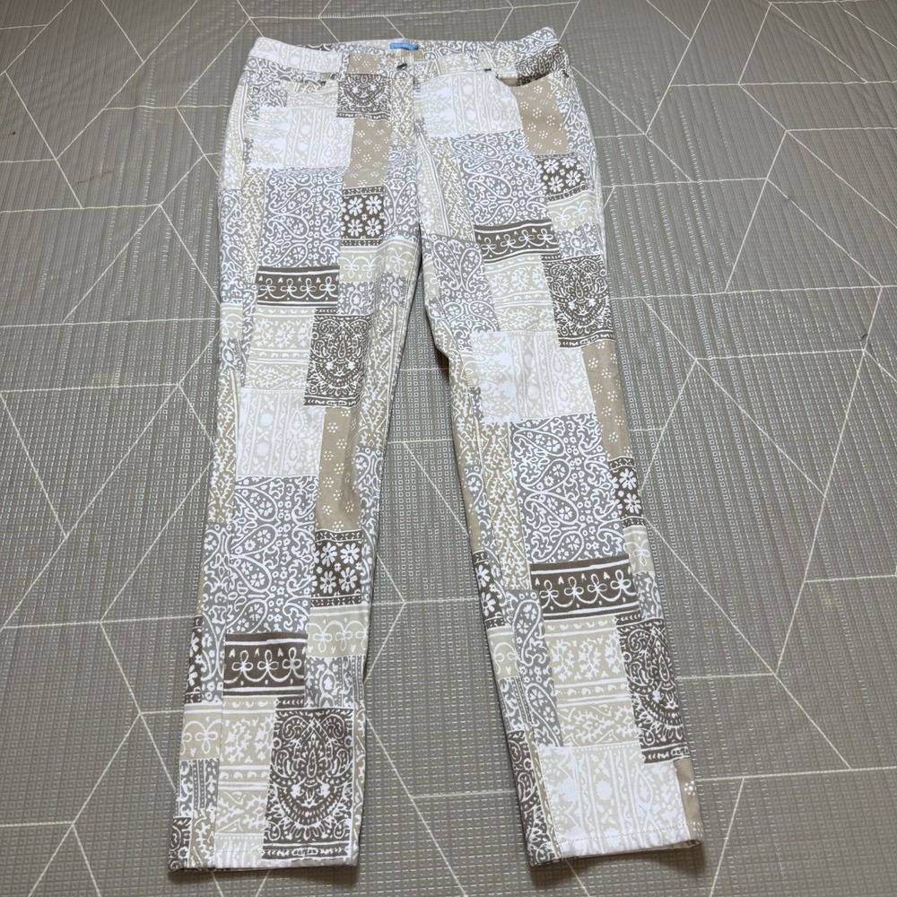 J McLaughlin Lexi Jeans 12 Patchwork Taupe Brown Stretch Nautical Cottagecore